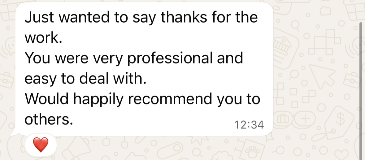 WhatsApp testimonial - Just wanted to say thanks for the work